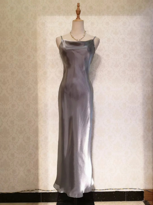 Vintage Prom Dresses 70s Mermaid Spaghetti Straps Grey Sleeveless Floor Length Evening Formal Outfits RB4286