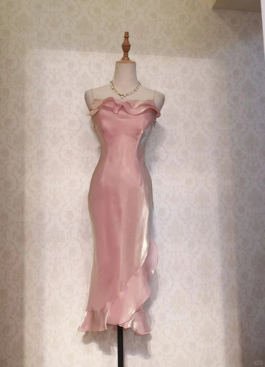 Vintage Prom Dresses 70s Mermaid Spaghetti Straps Pink Sleeveless Tea Length Formal Outfits RB4283
