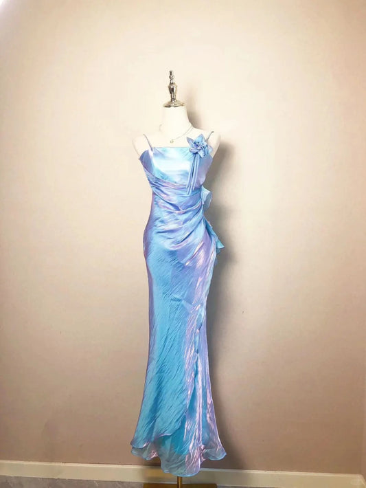 Modest Mermaid Spaghetti Strap Blue Long Spring Summer Event Outfits Wedding Guest Dresses RB3206