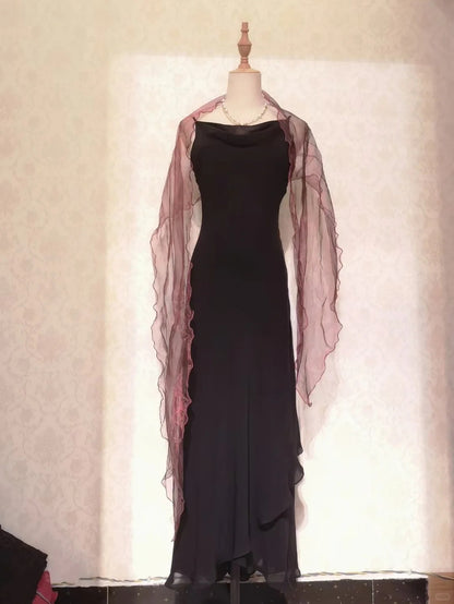 Vintage Prom Dresses 70s Mermaid Spaghetti Straps Brown With Cape Sleeveless Evening Formal Outfits RB4315