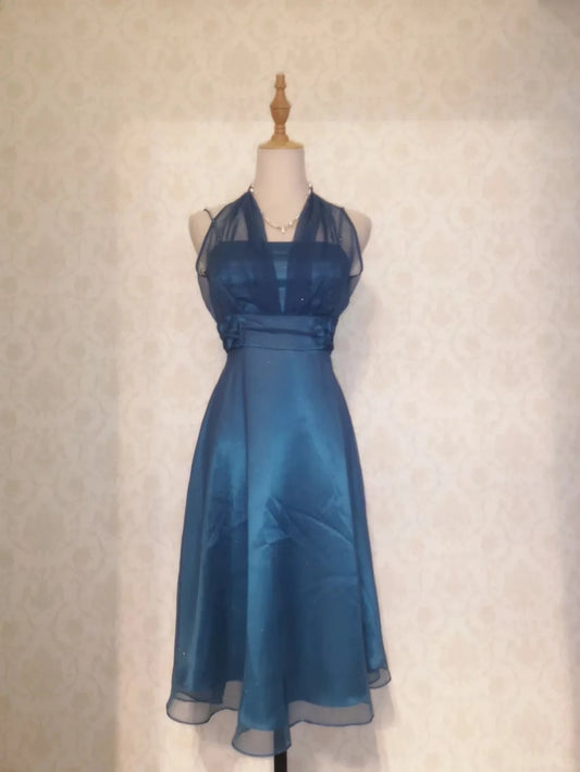 Vintage A line Halter Blue Chiffon 12th Grad Knee length Aesthetic Look Homecoming Dresses RB4313