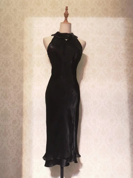 Vintage Prom Dresses 70s Sheath High Neck Black Tie Dress Tea Length Formal Outfits RB4311