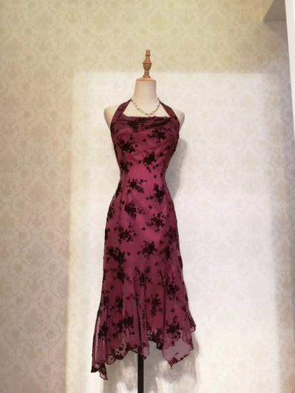 Vintage Prom Dresses 80s Mermaid Halter Red Black Lace Irregular Hem Tea Length Formal Outfit RB4320
