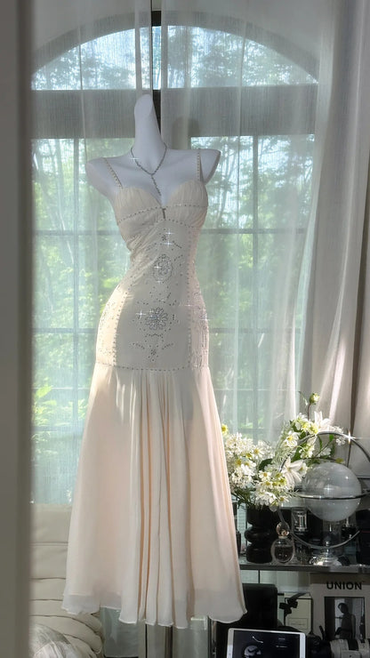 Charming Prom Dresses Mermaid Spaghetti Strap White Chiffon Floor Length Evening Outfits N3562