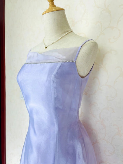 Vintage Prom Dresses 70s A Line Spaghetti Strap Lilac With Ruffle Tea Length Formal Outfits RB4307