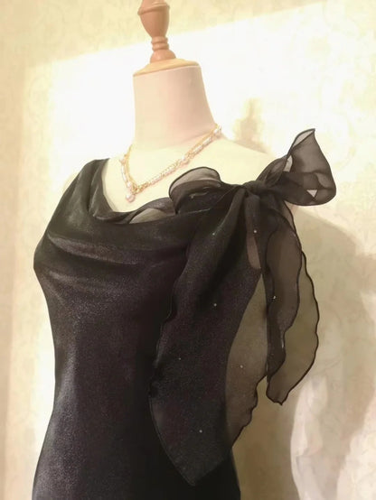 Vintage Prom Dresses 70s Mermaid Little Black Dress With Ruffle Tea Length Formal Outfits RB4298