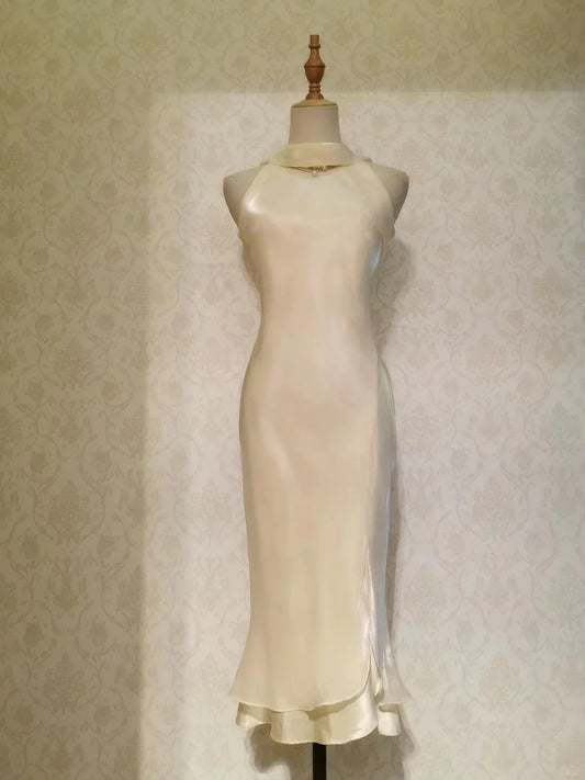 Vintage Prom Dresses 70s Sheath High Neck Light Yellow Tea Length Formal Outfits RB4296