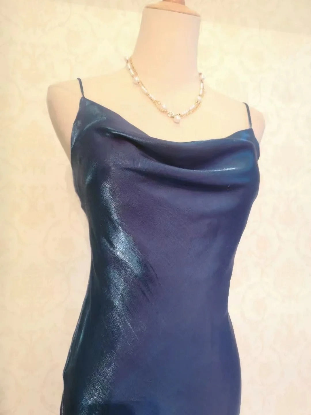 Vintage Prom Dresses 70s Mermaid Spaghetti Straps Navy Blue Tea Length Formal Outfits RB4287