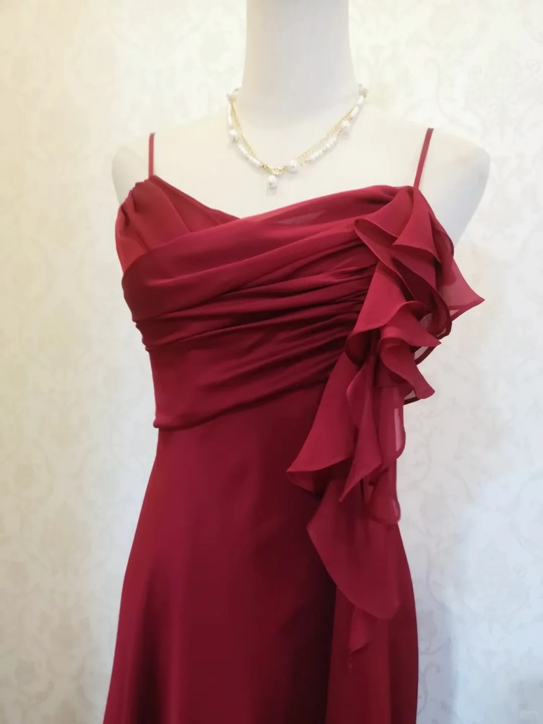 Vintage Prom Dresses 70s A Line Spaghetti Straps Red Chiffon Sleeveless Evening Formal Outfits RB4316