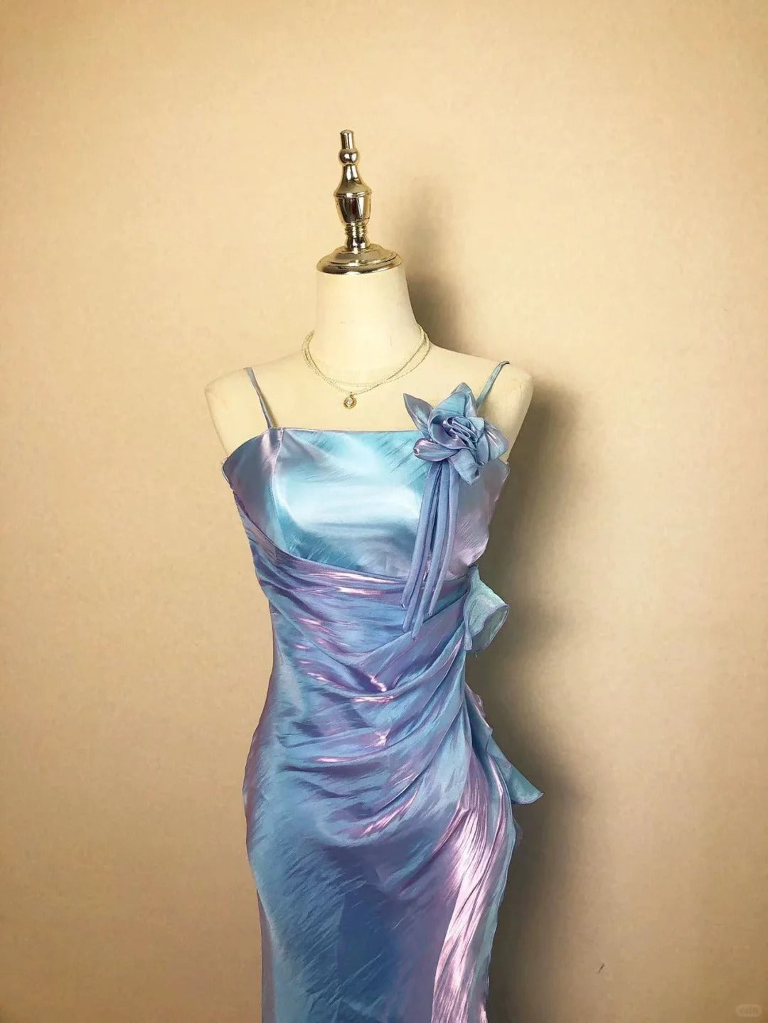 Modest Mermaid Spaghetti Strap Blue Long Spring Summer Event Outfits Wedding Guest Dresses RB3206