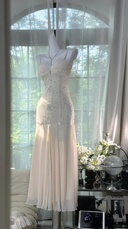 Charming Prom Dresses Mermaid Spaghetti Strap White Chiffon Floor Length Evening Outfits N3562