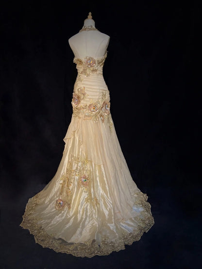 Vintage Prom Dresses Inspo Mermaid Halter Gold Sleeveless 80s With Appliqued Formal Gowns N3371