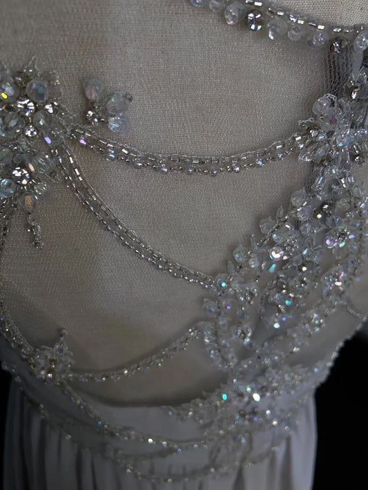 Vintage Prom Dresses Inspo A Line Scoop Silver Chiffon Long 80s With Beaded Formal Gowns N3394