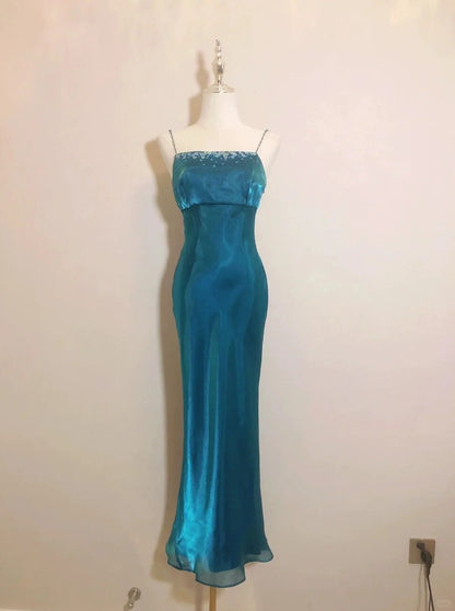 Vintage Prom Dresses 70s Mermaid Spaghetti Straps Blue With Beading Sleeveless Evening Formal Outfits RB4303
