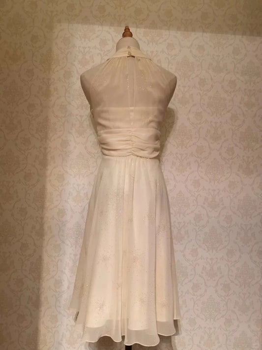 Vintage A line Halter White Chiffon 12th Grad Knee length Aesthetic Look Homecoming Dresses RB4300