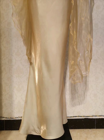 Vintage Prom Dresses 70s Mermaid High Neck Yellow With Cape Sleeveless Floor Length Evening Formal Outfits RB4289