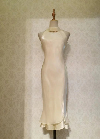 Vintage Prom Dresses 1950s Mermaid High Neck Light Yellow With Ruffles Sleeveless Tea Length Evening Formal Outfits RB4281