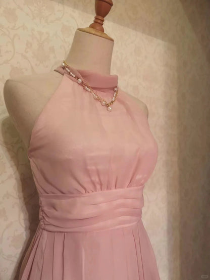 Vintage A line Halter Pink Chiffon 12th Grad Knee length Aesthetic Look Homecoming Dresses RB4312