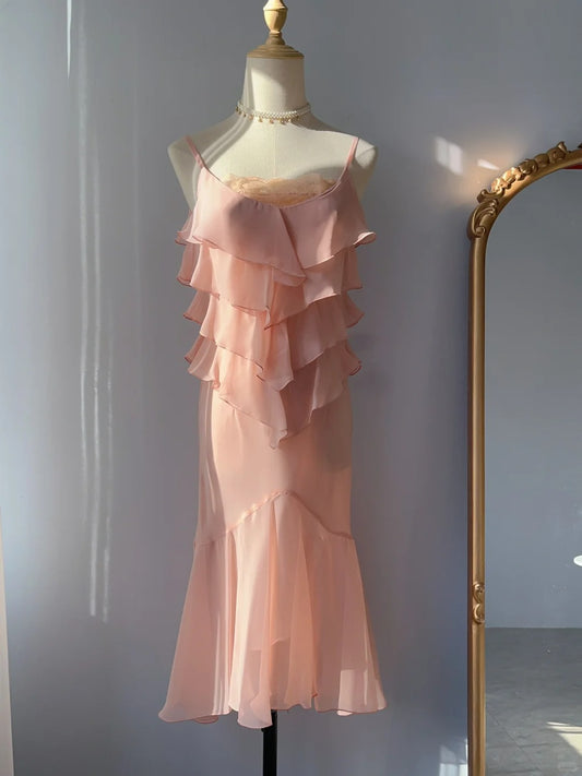 Vintage Prom Dresses 80s Mermaid Spaghetti Straps Blush Pink Chiffon Sleeveless Tea Length Formal Outfits RB4274