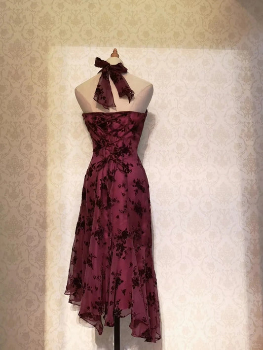Vintage Prom Dresses 80s Mermaid Halter Red Black Lace Irregular Hem Tea Length Formal Outfit RB4320