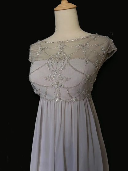 Vintage Prom Dresses Inspo A Line Scoop Silver Chiffon Long 80s With Beaded Formal Gowns N3394