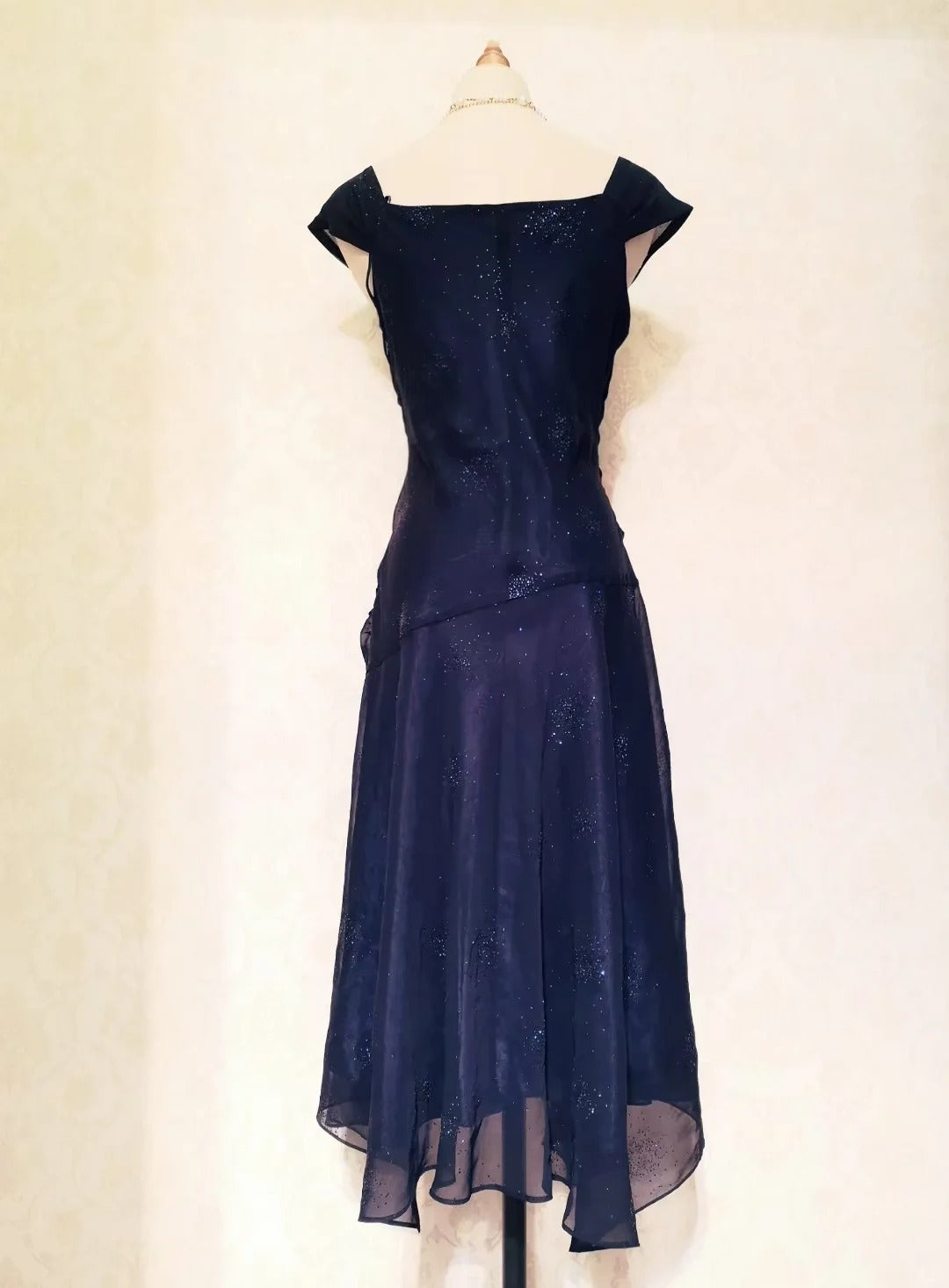 Vintage Prom Dresses 70s A line Square Neck Navy Blue With Ruffled Sle – RubyFashionDress