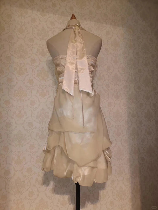 Vintage A line Halter Champagne Chiffon 12th Grad Knee length Aesthetic Look Homecoming Dresses RB4305