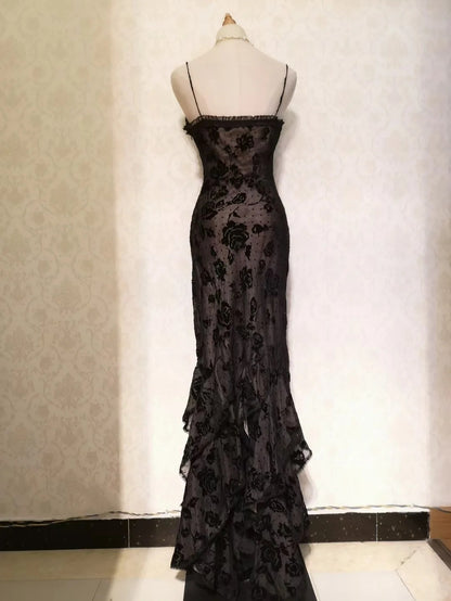 Vintage Prom Dresses 70s Mermaid Spaghetti Straps Black Lace Sleeveless Evening Formal Outfits RB4319