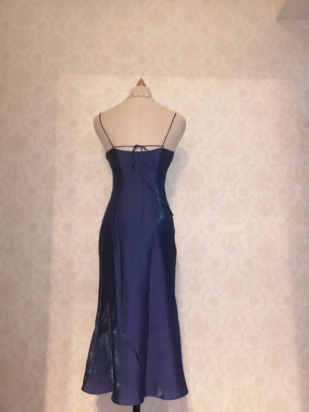 Vintage Prom Dresses 70s Mermaid Spaghetti Straps Navy Blue Tea Length Formal Outfits RB4287