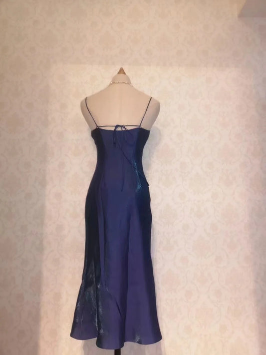 Vintage Prom Dresses 70s Mermaid Spaghetti Straps Navy Blue Tea Length Formal Outfits RB4287