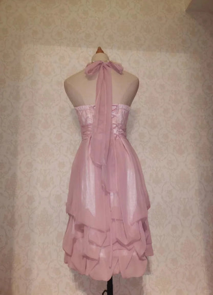 Vintage A line Halter Pink Chiffon 12th Grad Knee length Aesthetic Look Homecoming Dresses RB4312