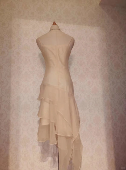 Vintage Prom Dresses 70s Mermaid Spaghetti Straps Yellow Irregular Chiffon Tea Length Evening Formal Outfits RB4309