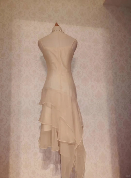Vintage Prom Dresses 70s Mermaid Spaghetti Straps Yellow Irregular Chiffon Tea Length Evening Formal Outfits RB4309