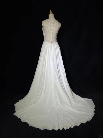 Romantic Wedding Dresses A Line Scoop Chiffon With Beaded Crystals White Long Bridal Gown N3405