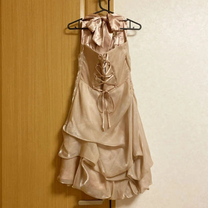 Vintage A line Halter Champagne Chiffon 12th Grad Knee length Aesthetic Look Homecoming Dresses RB4305
