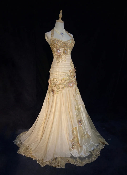 Vintage Prom Dresses Inspo Mermaid Halter Gold Sleeveless 80s With Appliqued Formal Gowns N3371