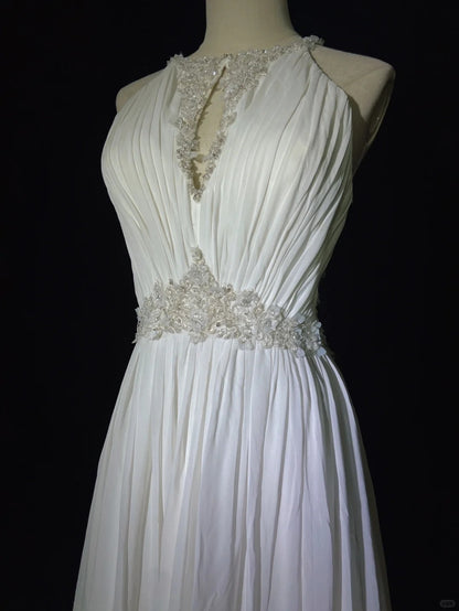 Romantic Wedding Dresses A Line Scoop Chiffon With Beaded Crystals White Long Bridal Gown N3405