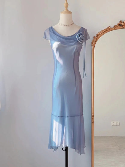 Vintage Sheath Cowl Blue Tea Length Chiffon Prom Dresses Formal Outfits RB3897