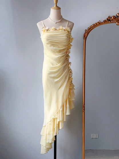 Vintage Prom Dresses Mermaid Spaghetti Straps Yellow Chiffon With Ruffles Sleeveless Long Evening Formal Outfits RB4258