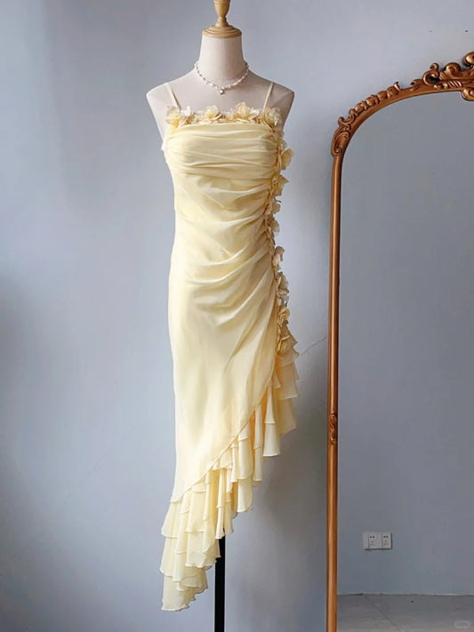 Vintage Prom Dresses Mermaid Spaghetti Straps Yellow Chiffon With Ruffles Sleeveless Long Evening Formal Outfits RB4258
