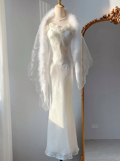 Vintage Prom Dresses Sheath Spaghetti Strap White 70s Sleeveless Long Evening Formal Dress RB3250