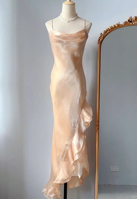 Vintage Prom Dresses Sheath Spaghetti Strap Yellow 1970s Sleeveless Irregular Evening Formal Dress RB3252