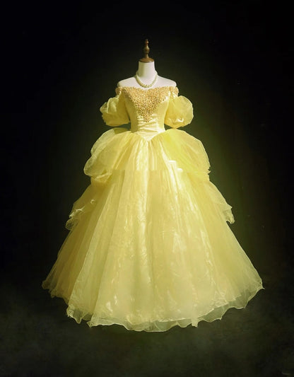 Vintage Prom Dresses Ball Gown Off The Shoulder Yellow Long 70s Beads Formal Gown N2573
