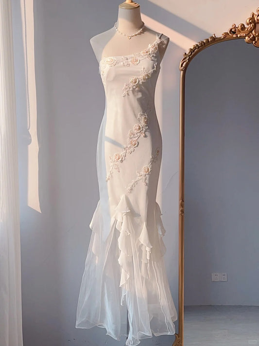 Vintage Mermaid One Shoulder White With Appliqued Chiffon Long Prom Dresses Formal Outfits RB3892