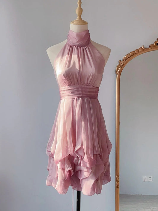 Vintage A Line Halter Pink Chiffon Grad 8th Mini Dress Aesthetic Look Short Homecoming Dresses RB4268