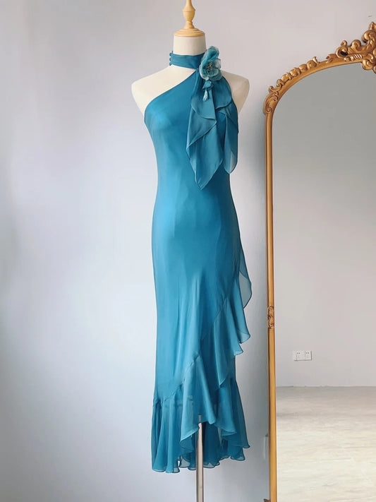 Vintage Prom Dresses Sheath One Shoulder Chiffon 80s Sleeveless Evening Formal Dress RB3229