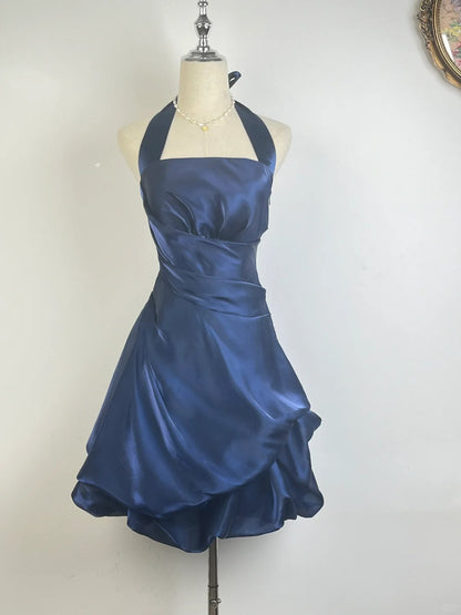 Vintage Ball Gown Halter Sleeveless Navy Blue 18th Birthday Dress Short Homecoming Dresses N4758
