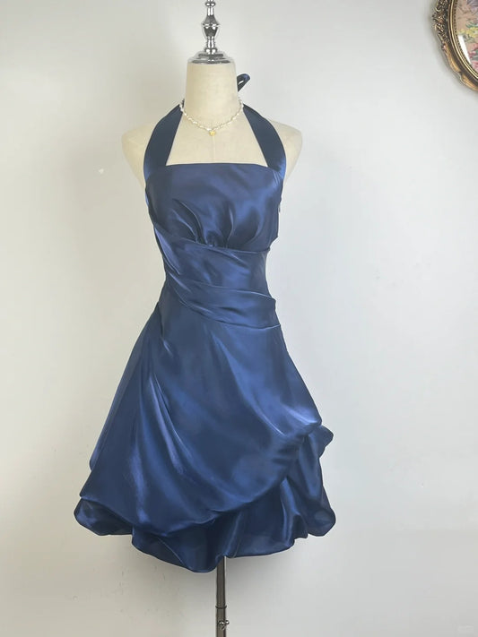 Vintage Ball Gown Halter Sleeveless Navy Blue 18th Birthday Dress Short Homecoming Dresses N4758