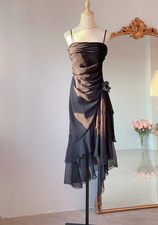Modest Mermaid Spaghetti Strap Little Black Dress Tea Length Spring Summer Event Outfits Wedding Guest Dresses RB3233