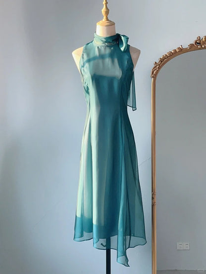 Modest A Line Halter Sleeveless Mid Length Chiffon Spring Summer Event Outfits Wedding Guest Dresses RB3243